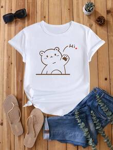 Modern, Minimalist, Casual And Loose-Fitting Summer T-Shirt With A Bear Heart Print, Ideal For Everyday Wear. - 白色 - 查看 7