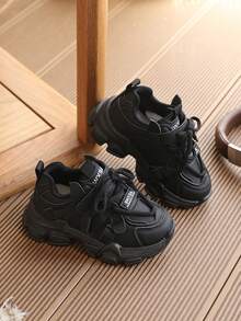 1 Pair Kids' Sports Shoes, Spring New Black Leather Casual Sneakers For Boys - Black - View 6