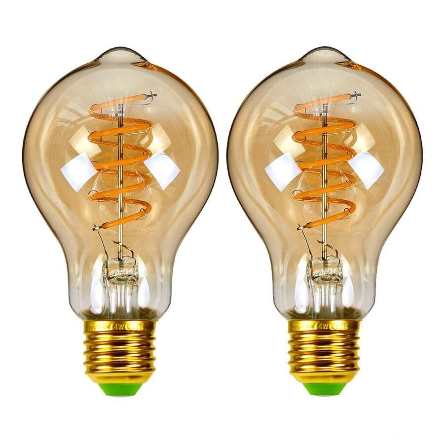 2个/套 可调光复古LED螺旋灯丝灯泡,A60螺旋灯丝灯泡,220-240V 4W 2300K暖黄琥珀色玻璃灯泡,E27灯头,适用于客厅、卧室、餐厅等温馨家居装饰灯,尺寸:2.36英寸 x 4.25英寸 - A60 Spiral - 查看 1