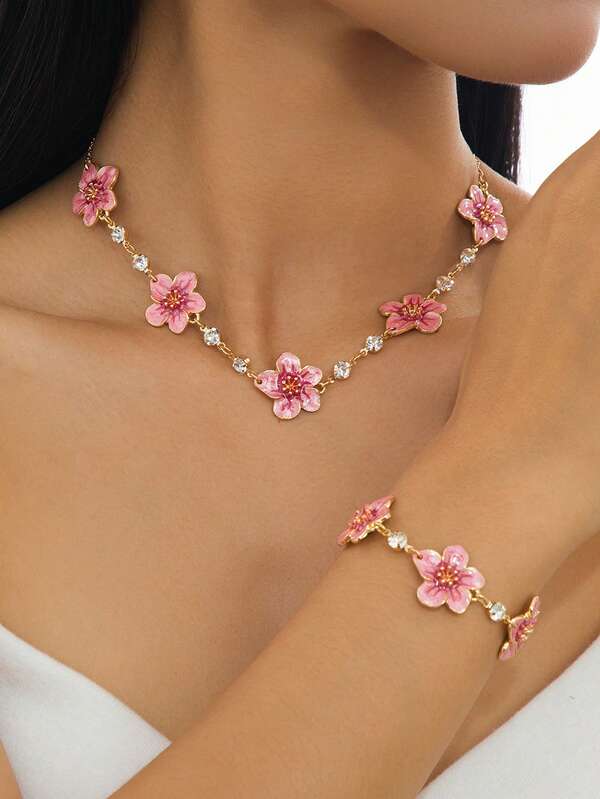 1 Set Handmade Tie Dye Gradient Eggplant Flower Bracelet & Necklace, Elegant Luxury Summer Fashion Jewelry Set For Women