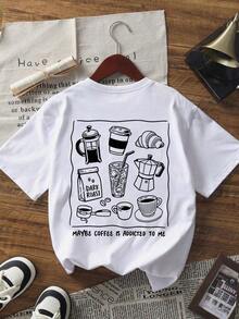 Camiseta de manga corta con cuello redondo, estampado de comida y bebida de desayuno, estilo de vida perezoso y casual, versátil y de uso diario para mujer - Blanco - Ver 2