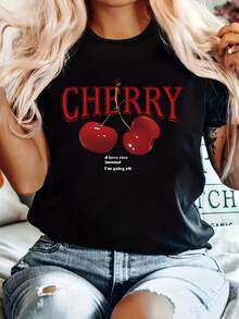 Elegant Women's Shirt, Cherry Print T-Shirt - Spring/Summer Season - Short Sleeve For All Seasons - Casual Round Neck T-Shirt - 黑色 - 查看 1