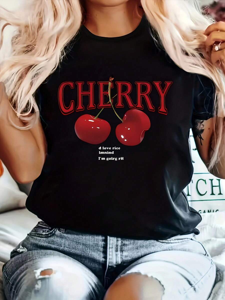 Elegant Women's Shirt, Cherry Print T-Shirt - Spring/Summer Season - Short Sleeve For All Seasons - Casual Round Neck T-Shirt - 黑色 - 查看 1