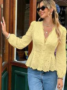 Blusa negra bordada con ribete de encaje, botón de seta, cintura fruncida, forrada, manga larga con puño elástico, versátil para uso diario, casual, apropiada para trabajo, playa, vacaciones, primavera/verano/otoño - Amarillo - Ver 2