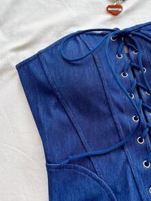 Top corto de suede sexy con lazo, remaches y diseño deconstructivo, adecuado para vacaciones, citas, té de la tarde, vacaciones, festivales de música, estilo bohemio, cruceros, playa, verano - Azul - Ver 6