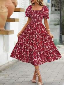 Clasi Vestido de línea A con mangas abullonadas y estampado floral para mujer - Rojo - Ver 1