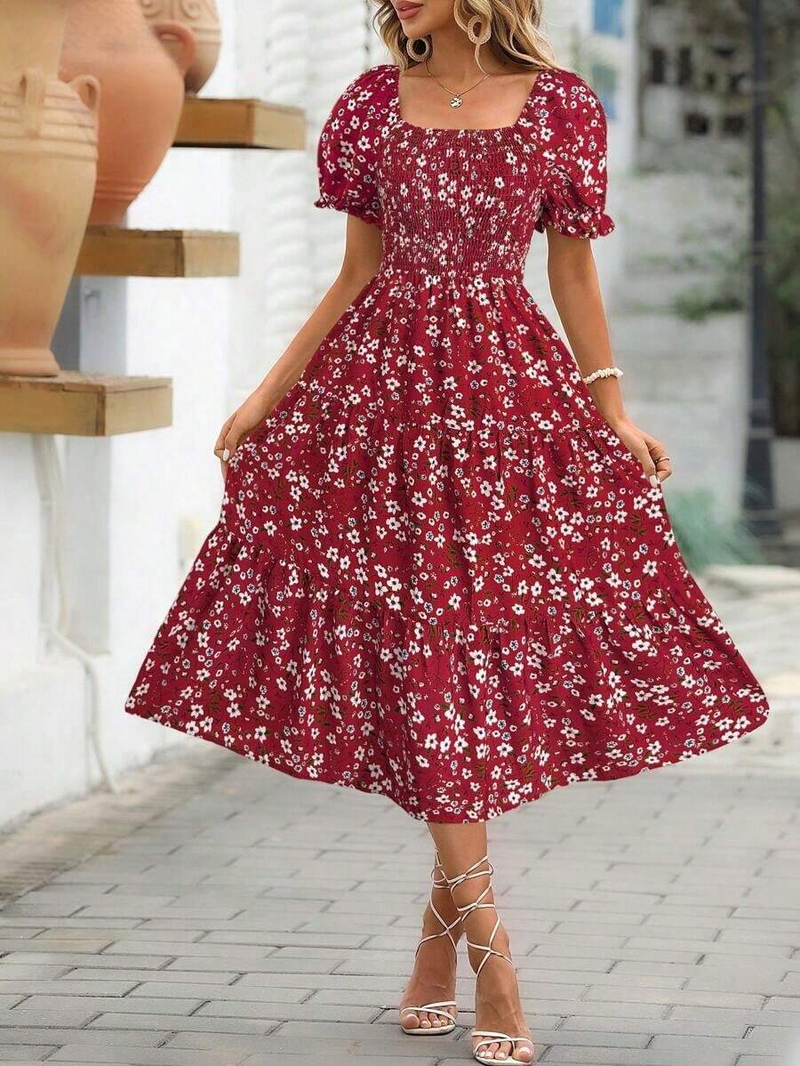 Clasi Vestido de línea A con mangas abullonadas y estampado floral para mujer - Rojo - Ver 1