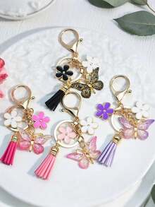 1pc New Fashion Alloy Floral & Butterfly Tassel Keychain Pendant, Suitable For Handbag, Wallet, Backpack, Women Bag Accessory Keychain - Multicolor - View 1