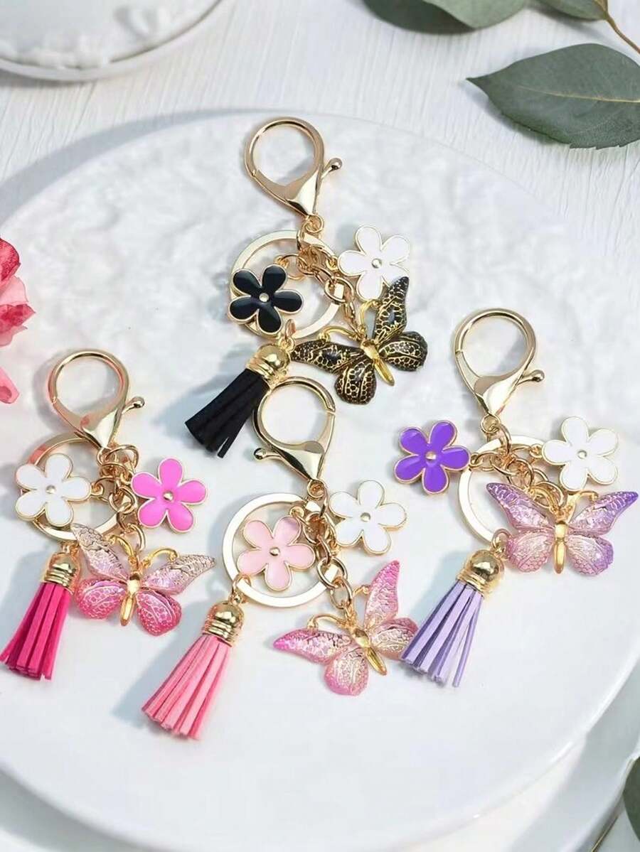 1pc New Fashion Alloy Floral & Butterfly Tassel Keychain Pendant, Suitable For Handbag, Wallet, Backpack, Women Bag Accessory Keychain - Multicolor - View 1
