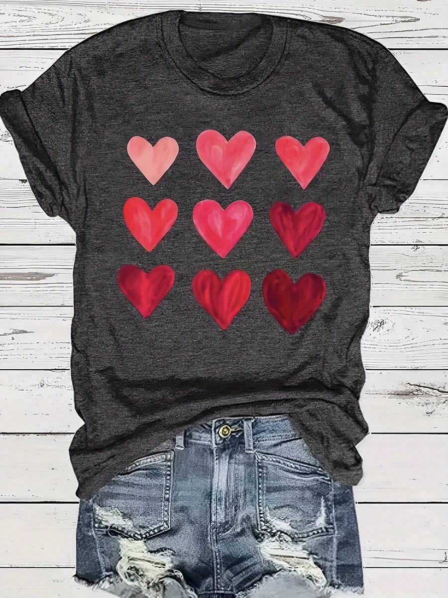 Mother's Day Gift: Crew Neck T-Shirt With Vibrant Heart Print - Soft Polyester, Medium Elasticity, Regular Length, Casual Short Sleeve Top For Spring And Summer, Women's Clothing With Random Print - 黑色 - 查看 1