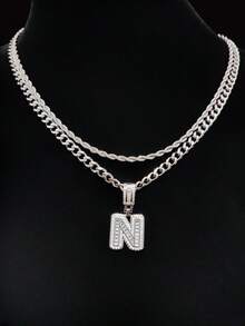 Bộ 2 món: 1 mặt dây chuyền chữ cái đính đá Cubic Zirconia & 2 dây chuyền thép không gỉ, 26 chữ cái tiếng Anh, Dây chuyền mặt dây chuyền phong cách hip hop cổ điển dành cho nữ, Thích hợp đeo hàng ngày hoặc dự tiệc, Quà tặng ngày Valentine - Bạc - Xem 23