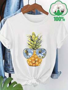 Camiseta gráfica de piña tropical 100% para mujeres - Transpirable y antihumedad, manga corta cuello redondo casual para verano, viajes, playa y ropa informal, ropa de playa, diseño juguetón, ajuste cómodo 100% AlgodónPure-Cotton - Blanco - Ver 9