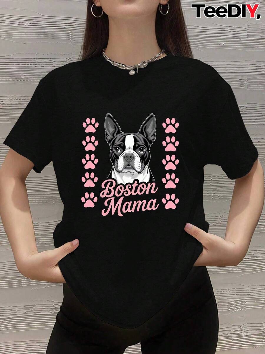 Women's Mama Dog Love Graphic T-Shirt With Terrier Design - French Bulldog And Pink Paw Print, Casual Crew Neck, Short Sleeve, Comfortable Fit For All Seasons, For Pet Lovers, Terrier Owners And Dog Moms, Geometric Design, Relaxed Fit, Easy Care, Fun Mama Design With Paw Prints, Comfortable And Stylish For Casual Outfits, Dog Mom Clothes, Breathable Material, Durable Construction, Pet Themed Clothing, Dog Owners - 黑色 - 查看 1