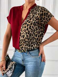 Blusa con cuello en pico y mangas de murciélago con estampado de leopardo, blusas de manga corta, casual - Burdeos - Ver 5
