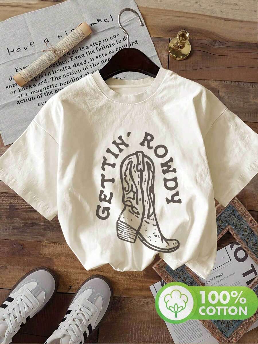 Women's Vintage Style Printed T-Shirt, Cowboy Boots, Gettin' Rowdy, Pure Cotton, Crew Neck, Short Sleeve, Casual, Work, Everyday Wear, Spring/Summer Top [Yang] Short Sleeve T-Shirt / Short Sleeve Tee - 杏色 - 查看 1