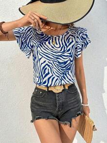 Blusa de verano con cuello redondo, de doble capa y mangas cortas, con estampado de cebra.Parte superior de verano casual con estampado animal.Blusa de manga corta linda y de corta duración para mujer. - Azul y blanco - Ver 4