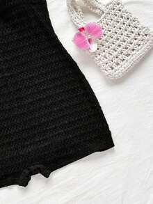 Mono de textura de unicolor con lazo de atar en el cuello para vacaciones, para fiesta en la playa - Negro - Ver 4