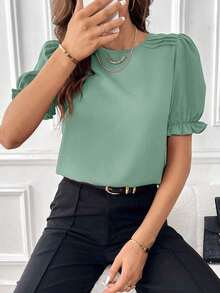 Blusa con mangas abullonadas, blusas de manga corta - verde menta - Ver 7