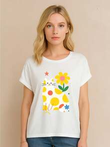 Casual Short-Sleeved T-Shirt With Fun And Cute Animal Print, Round Neck, Fashionable Women's Clothing For All Seasons, Elegant, Stylish And Intellectual Design For Summer. - 白色 - 查看 1