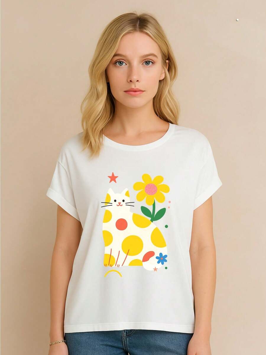 Casual Short-Sleeved T-Shirt With Fun And Cute Animal Print, Round Neck, Fashionable Women's Clothing For All Seasons, Elegant, Stylish And Intellectual Design For Summer. - 白色 - 查看 1