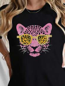 Casual Short Sleeve T-Shirt With Pink Leopard Print For Spring And Summer, Women's Clothing, Round Neck, 100% Cotton, Soft Fabric, Short Sleeve - 黑色 - 查看 5