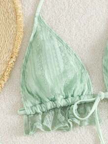 Conjunto de bikini de 3 piezas con tapa de falda, estilo de vacaciones en la playa, para mujer, con bikini halter sin espalda y encaje sexy - verde menta - Ver 6