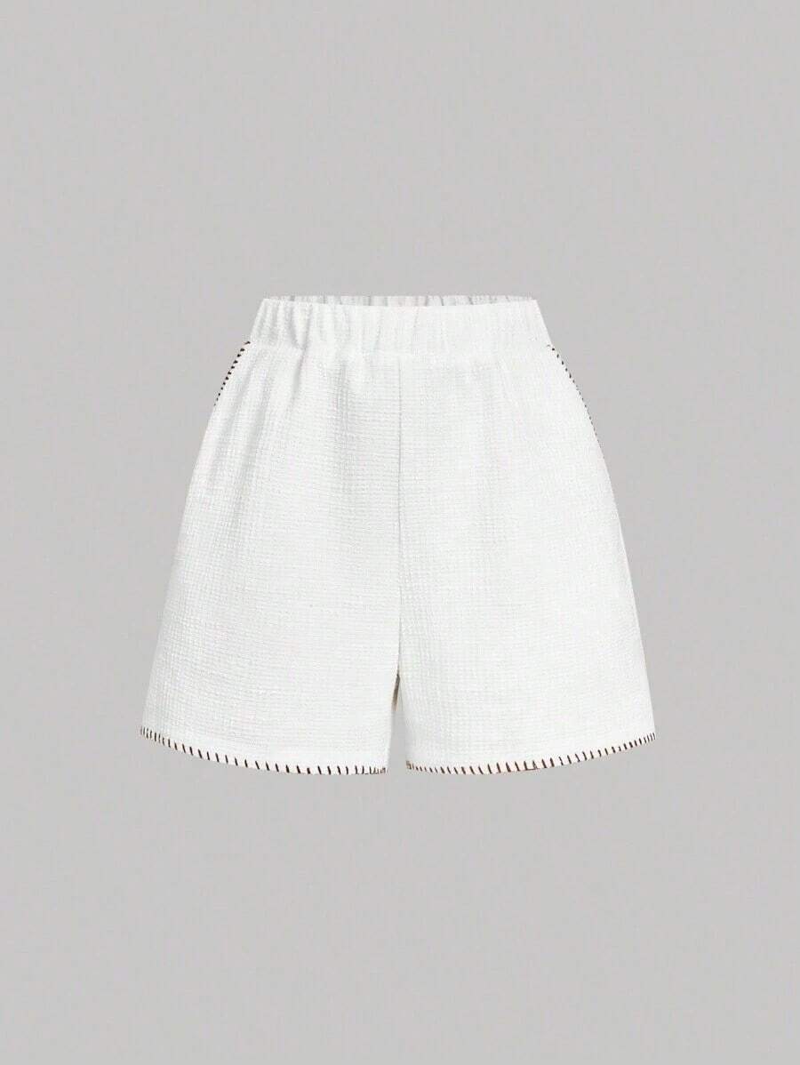 Shorts de cintura media en unicolor de terciopelo con contraste de color y lazo - Blanco - Ver 1