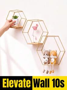 Aesthetic Wall Mounted Storage Rack With Geometric Hexagon Design Nordic Gold Metal Display Stand For Students And Professionals Wall Mounted Floating Home Decor For Bedroom Living Room Study Desk Accessories Room Decor Decorative Style Shelf Decoration Display Stand Home Decor Essentials - 1PC - View 4