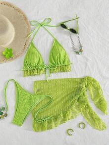 Conjunto de bikini de 3 piezas con tapa de falda, estilo de vacaciones en la playa, para mujer, con bikini halter sin espalda y encaje sexy - Verde lima - Ver 5