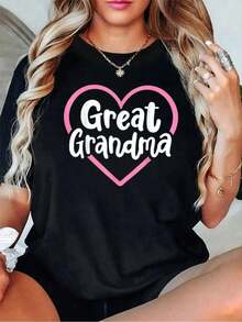 Cotton Crew Neck T-Shirt With Great-Grandma Print, % Cotton, Summer, Soft, Short Sleeve, Stylish And Comfortable. Women's Blouses Shirt - 黑色 - 查看 7