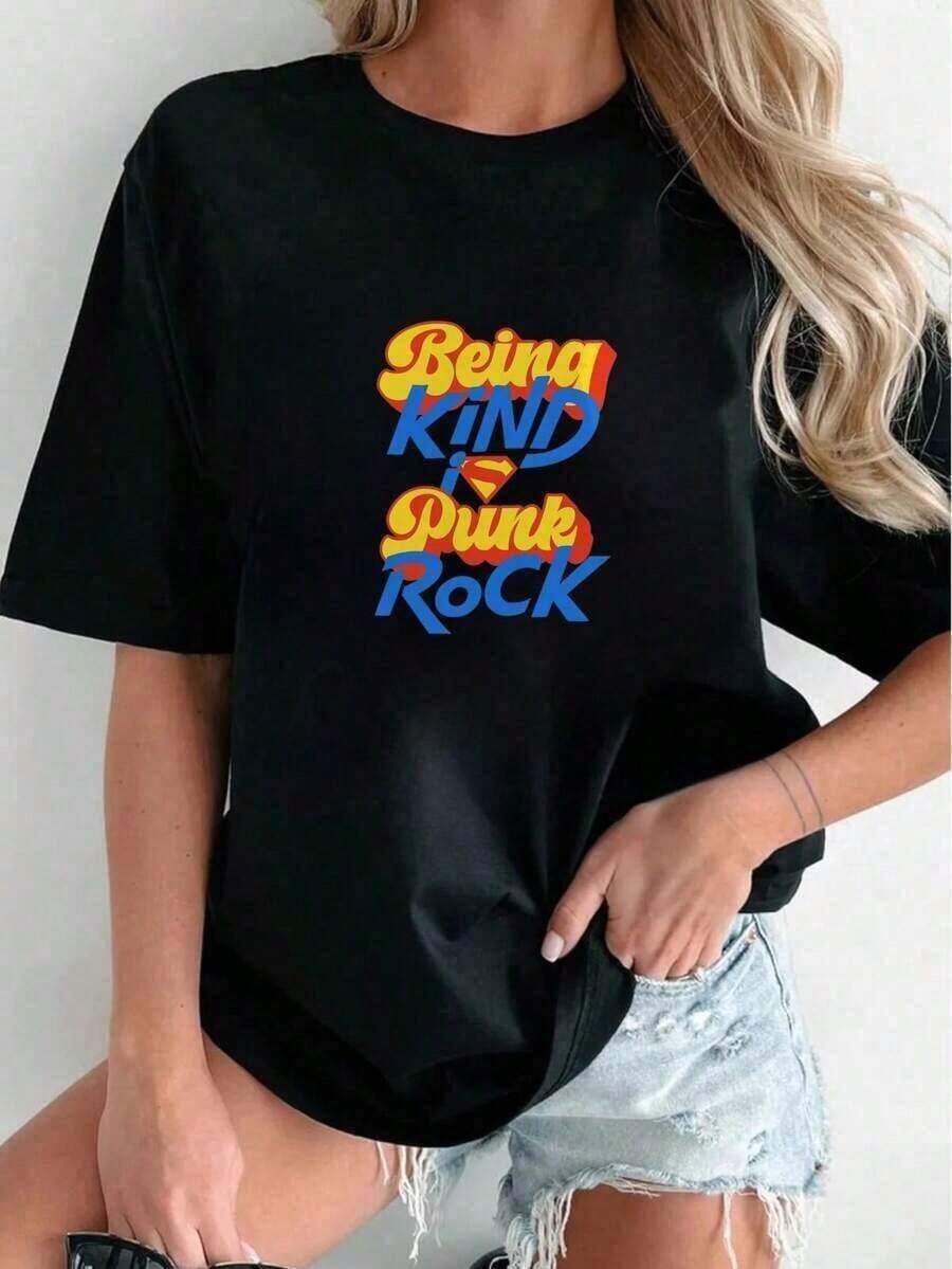 Graphic2026 New Arrival, Women's Premium Cotton T-Shirt 'Being Kind Is Punk Rock', High Quality Summer Clothes, Casual Elegance With Vibrant Graphic Print, Perfect For Beach Days And Daily Style, Short Sleeve T-Shirt, Boho Chic Style, Party Outfit, Women's Casual T-Shirt. - 黑色 - 查看 1