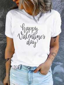 Soft 100% Cotton T-Shirt, Casual Short-Sleeved Crew Neck T-Shirt For Women, With Creative Valentine's Day Prints, Simple Design, Ideal For Outdoor Activities, Comfortable And Versatile, The Perfect Choice For A Birthday Gift, Also A Good Option For Family And Friends. Breathable Cotton T-Shirt, Goes With Everything. - 白色 5 - 查看 6
