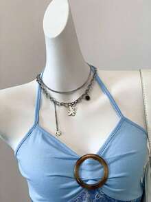 Blusa casual de mujer con cuello de corbata y estampado de anacardo, versátil para uso diario - Azul - Ver 3