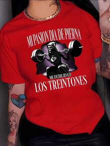 Mexican Basic Figura de calavera femenina levantando pesas que simboliza fuerza y pasión por el entrenamiento de piernas camiseta de mujer 100% algodón cómoda y moderna para deportistas  New Launch - Rojo - Ver 6