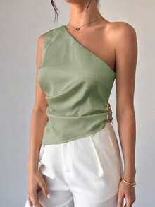 Blusa plisada elegante, romántica y de estilo sexy sin mangas, adecuada para fiestas, vacaciones y uso diario - verde menta - Ver 3