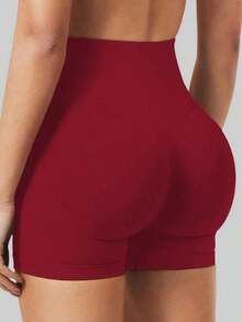 Pantalones cortos de yoga sin costuras de cintura alta para mujer - Levantamiento de glúteos elástico, adecuado para correr, fitness y actividades al aire libre| Apariencia de moda| Tela elástica de verano - Rojo - Ver 6