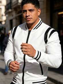 Men's Urban Style Jacket In Synthetic Leather, Long Sleeve With Zip Closure, Regular Fit, Casual Color Block Design, Pockets, Polyester Lining And Baseball Collar. - White - View 2