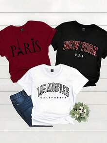 This Is Not A Three-Piece Set; It Is A Women's Short-Sleeved Crew Neck T-Shirt With A Tower Print In English Font, A Printed T-Shirt, A Women's Top. - 黑色 - 查看 1