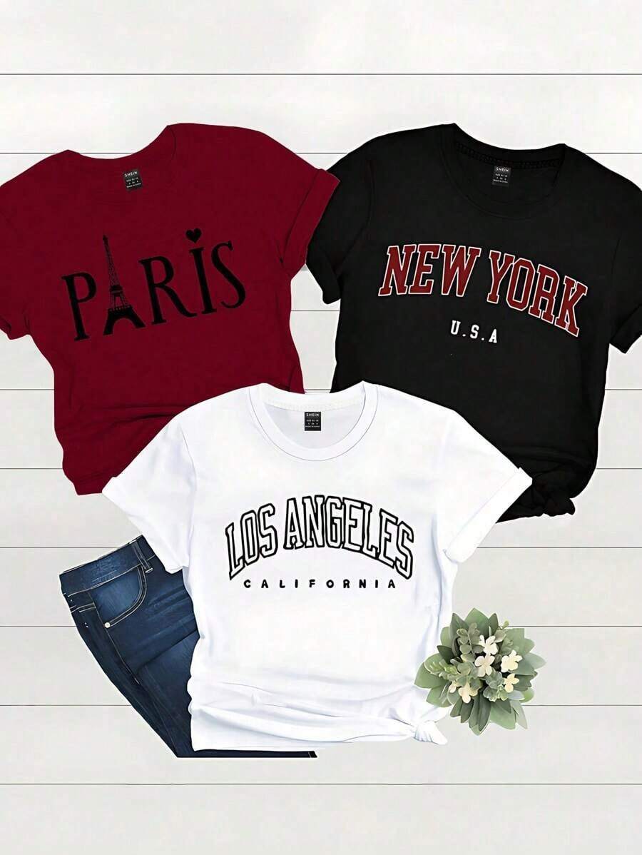 This Is Not A Three-Piece Set; It Is A Women's Short-Sleeved Crew Neck T-Shirt With A Tower Print In English Font, A Printed T-Shirt, A Women's Top. - 黑色 - 查看 1