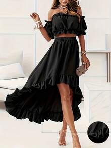 Women's Two-Piece Set | Lotus Leaf Edge Short Top + Front Short And Back Long Medium And Long Skirt | Vacation Date Afternoon Tea Cocktail Dress - Black - View 1