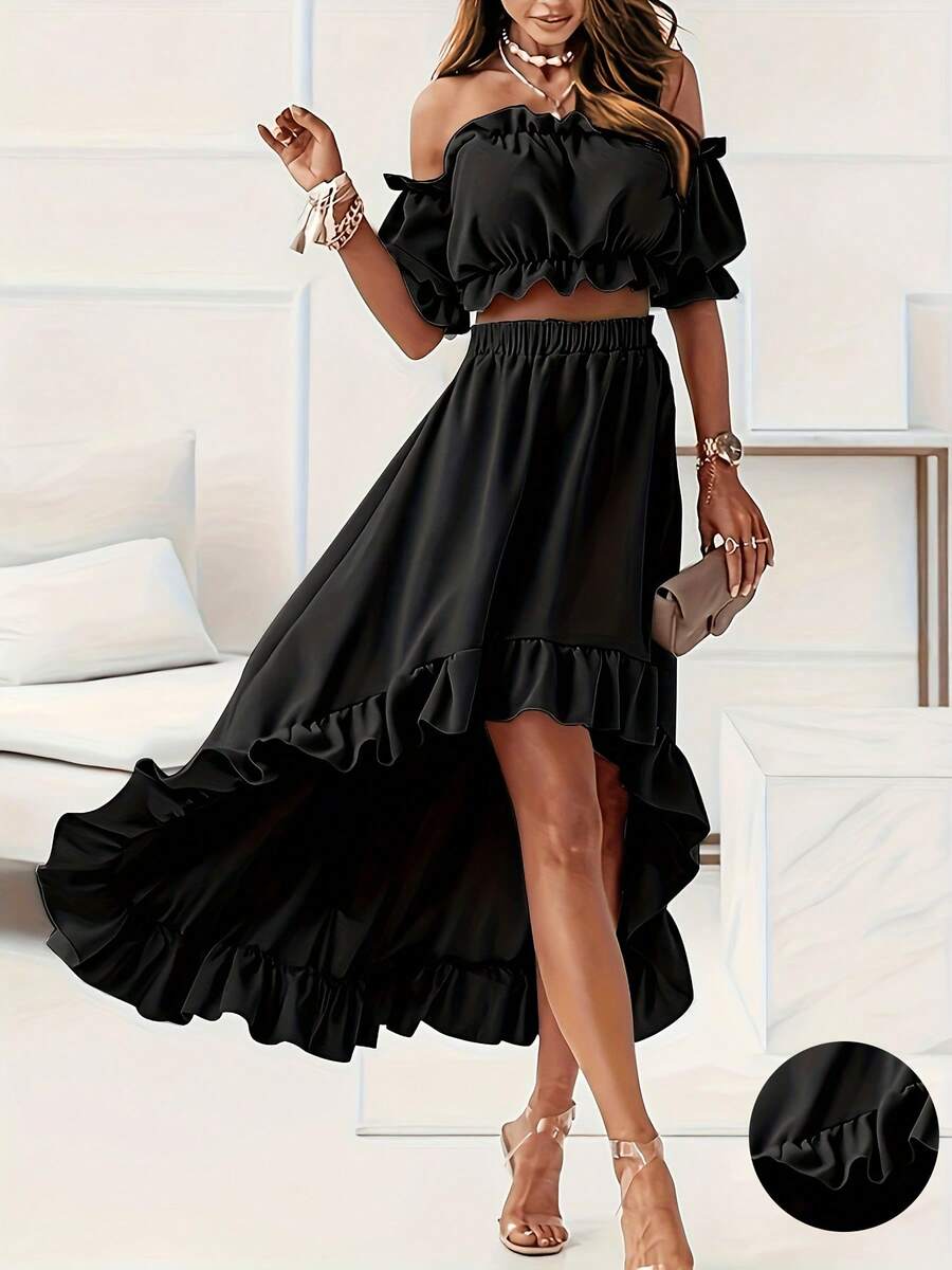 Women's Two-Piece Set | Lotus Leaf Edge Short Top + Front Short And Back Long Medium And Long Skirt | Vacation Date Afternoon Tea Cocktail Dress - Black - View 1