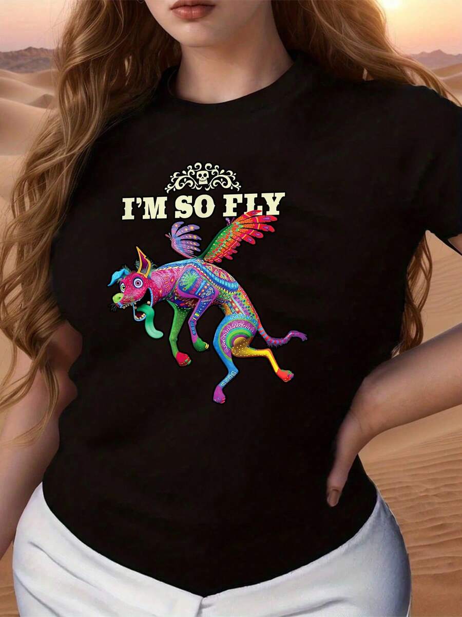 Colorful Figure Of A Winged Fantasy Creature Symbolizing Freedom, Positive Energy, And Creativity, Inspired By Mexican Art. Comfortable Women's Short-Sleeved T-Shirt With The Fun Phrase "I'm So Fly," Made Of Soft And Breathable Fabric. - 黑色 - 查看 1