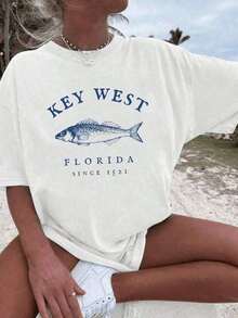 Camiseta Casual Estampada para Mujer, Viaje de Pesca en Florida, 100% Algodón, 1 Pieza, Camiseta con Estampado Gráfico a la Moda, Estilo Cómodo y Suave, 100% Algodón - Blanco - Ver 5
