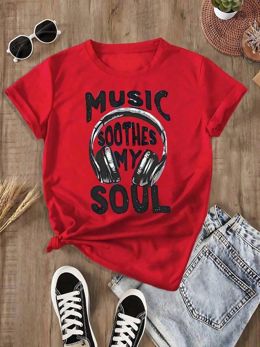 Premium Unisex Casual T-Shirts, Men's Plus Sizes, "Music Calms My Soul" (1 Piece), 100% Cotton Printed Casual T-Shirt, Crew Neck, Short Sleeve, 220g Cotton T-Shirt, For Going Out, Gift, Summer, Unisex - 紅色 - 查看 1