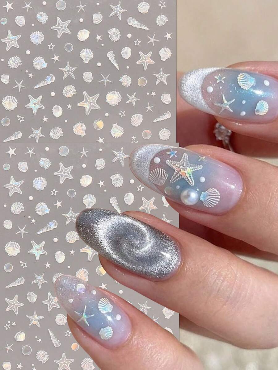 1片全息極光海洋風美甲貼紙，5D浮雕海星貝殼珍珠美甲飾品，幻彩夏季海灘美甲貼花，適用音樂節/婚禮/度假美甲與睫毛DIY裝飾美甲貼