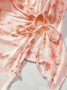 Top de mujer ajustado de malla tejida con diseño de impresión, sin tirantes, con dobladillo regular/asimétrico para vacaciones de verano - Rosa coral - Ver 3