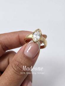 MADEONE 1枚璀璨夺目的立方氧化锆眼睛形状925纯银戒指，精致珠宝，女士结婚/订婚礼物 - 金色 - 查看 2