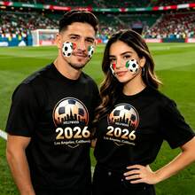 Couple football pattern T-shirt, 100% cotton, loose fitting, soft and breathable, casual round neck short sleeved top  2026 Los Angeles California Printed patterns, dating, leisure travel, gatherings, simple cartoon printing style, high cost-effectiveness Suitable for watching live sports - Negro - Ver 1