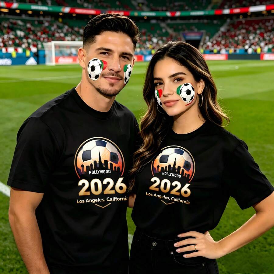 Couple football pattern T-shirt, 100% cotton, loose fitting, soft and breathable, casual round neck short sleeved top 2026 Los Angeles California Printed patterns, dating, leisure travel, gatherings, simple cartoon printing style, high cost-effectiveness Suitable for watching live sports - Negro - Ver 1