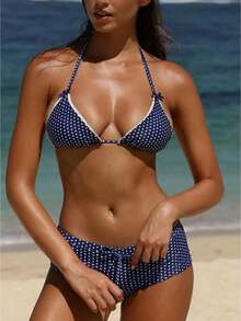 Set de Bikini para Mujer con Lunares, Top Triangular Halter y Braguita Corta, Detalle de Lazo y Cordón, Ajustado para Playa y Vacaciones de Verano - Azul - Ver 1